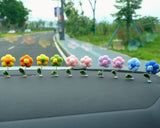 10pcs Mini Fluffy Flower Car Dashboard Decor, Crochet Rainbow Flower Bobblehead Car Accessory, Cute Car Accessories Interior, Christmas Gift