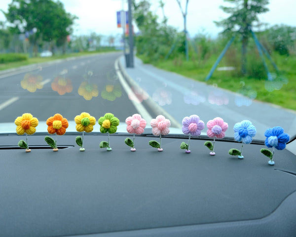 10pcs Mini Fluffy Flower Car Dashboard Decor, Crochet Rainbow Flower Bobblehead Car Accessory, Cute Car Accessories Interior, Christmas Gift