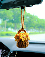 Crochet Sunflower Car Mirror Hanging Accessories, Mini Flower Basket Car Rear View Mirror Accessory, Boho Interior Car Accessory for Women