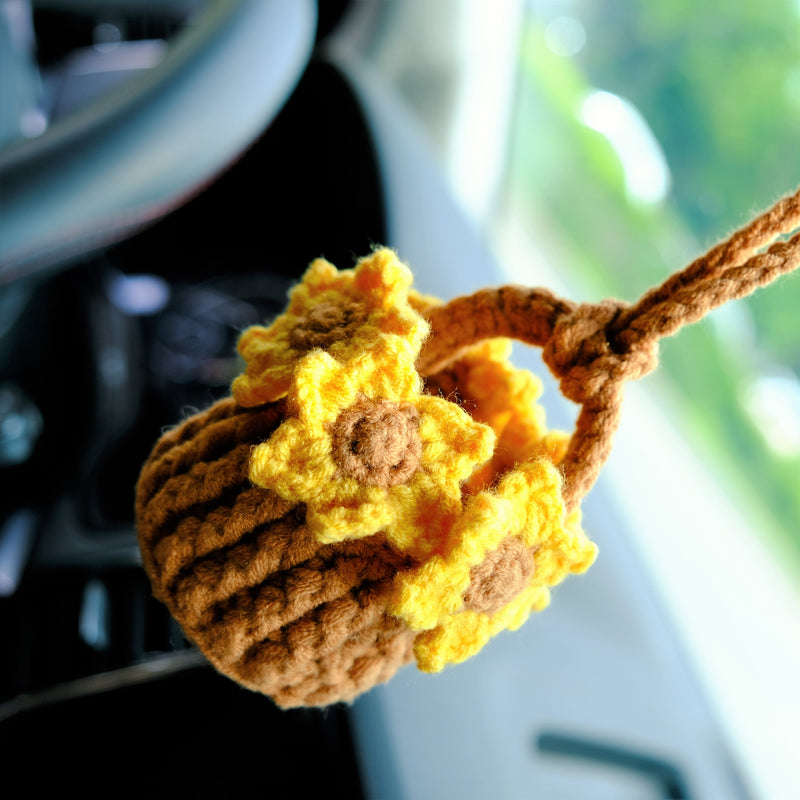 Crochet Sunflower Car Mirror Hanging Accessories, Mini Flower Basket Car Rear View Mirror Accessory, Boho Interior Car Accessory for Women