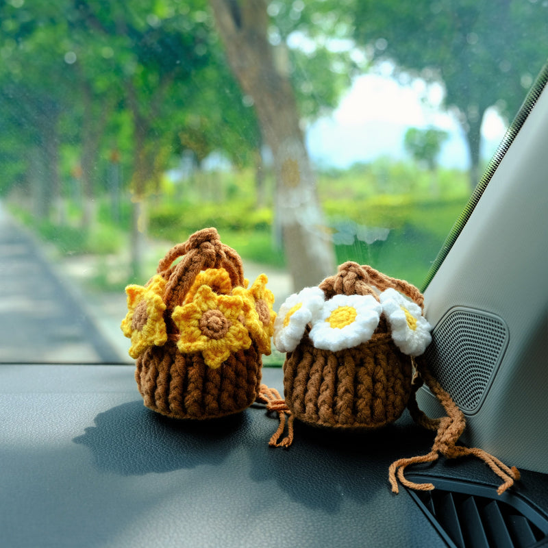 Crochet Sunflower Car Mirror Hanging Accessories, Mini Flower Basket Car Rear View Mirror Accessory, Boho Interior Car Accessory for Women