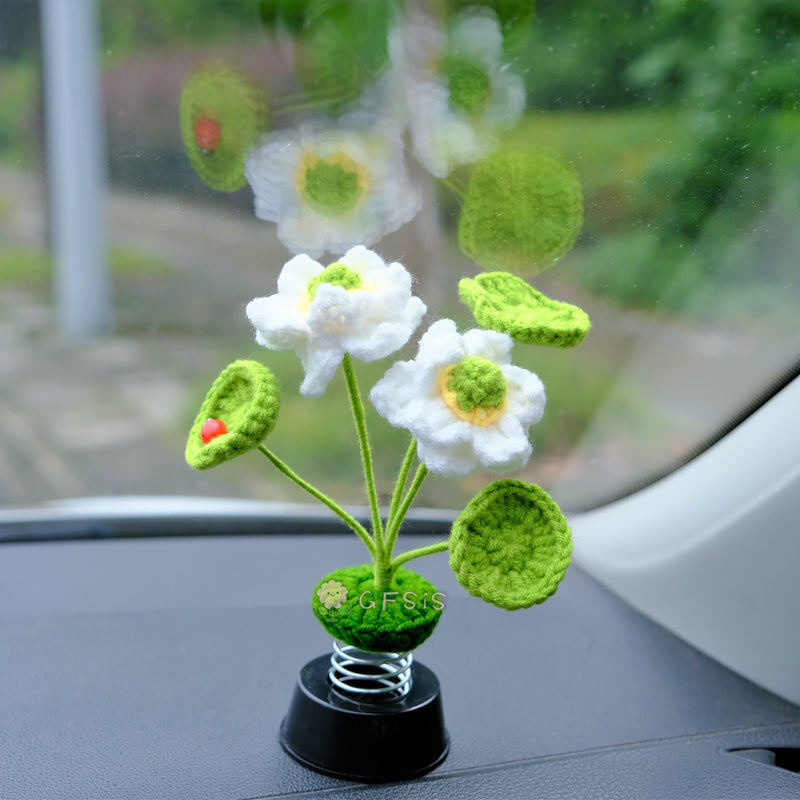 Crochet Lotus Car Bobblehead Accessory, Lotus Flower & Leaves Car Dashboard Decor, Boho Car Interior Accessory for Women, Car Air Freshener