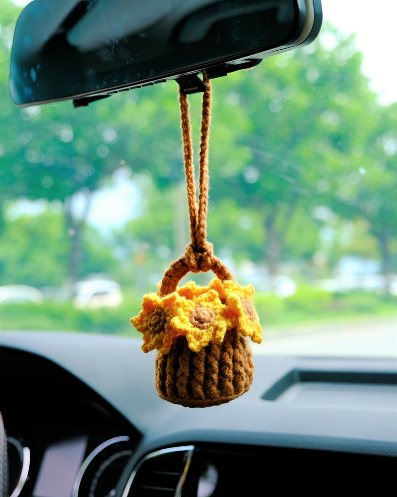 Crochet Sunflower Car Mirror Hanging Accessories, Mini Flower Basket Car Rear View Mirror Accessory, Boho Interior Car Accessory for Women