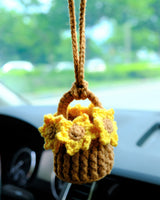 Crochet Sunflower Car Mirror Hanging Accessories, Mini Flower Basket Car Rear View Mirror Accessory, Boho Interior Car Accessory for Women