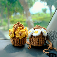Crochet Sunflower Car Mirror Hanging Accessories, Mini Flower Basket Car Rear View Mirror Accessory, Boho Interior Car Accessory for Women