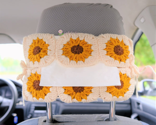 Crochet Sunflower Car Tissue Box, Cute Sunflower Car Tissue Box Holder, Flower Car Tissue Cover, Boho Interior Car Accessories for Women