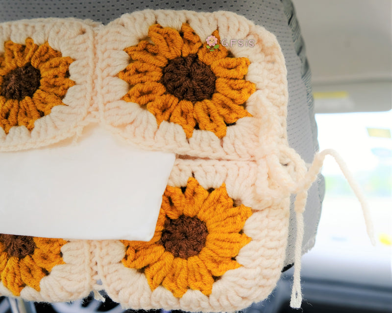 Crochet Sunflower Car Tissue Box, Cute Sunflower Car Tissue Box Holder, Flower Car Tissue Cover, Boho Interior Car Accessories for Women