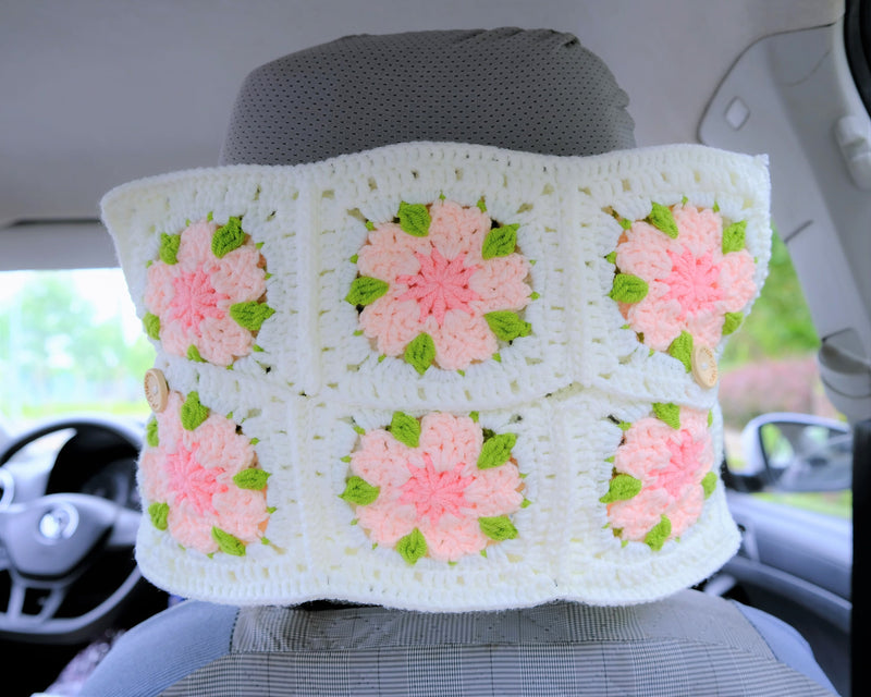 Crochet Cherry Blossom Car Tissue Box, Pink Flowers Car Tissue Box Holder, Boho Car Tissue Cover, Boho Interior Car Accessories for Women