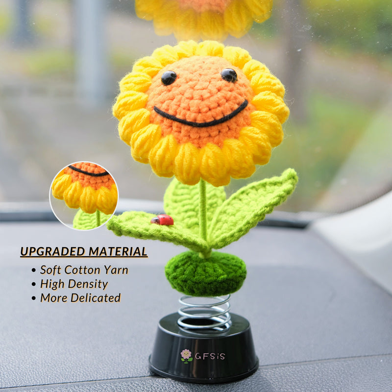 Crochet Smiley Sunflower Car Dashboard Decor, Bobblehead Sunflower Car Interior Accessories for Women, Boho Car Accessory, Car Air Freshener