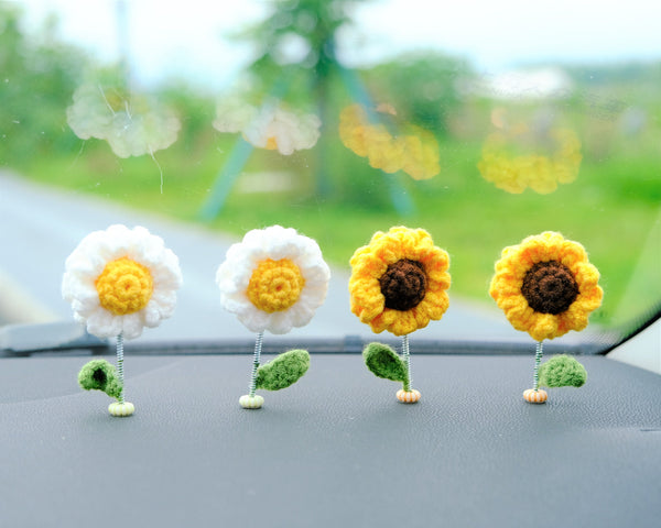 4Pcs/2Pcs Mini Sunflower & Daisy Car Accessories, Cute Crochet Bobble Head Flower Car Dashboard Decor, Boho Car Interior Accessory for Women