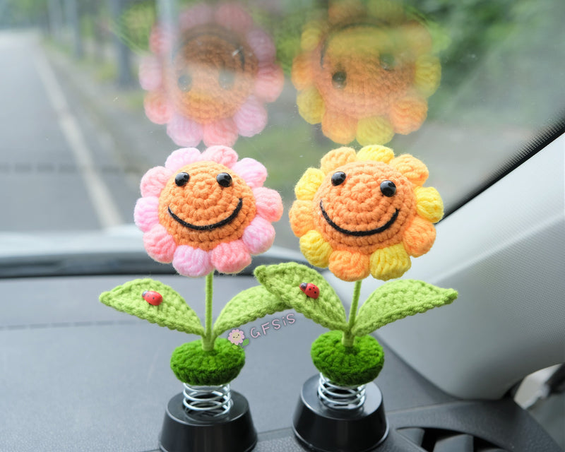 Crochet Sunflower Car Dashboard Decor, Smiley Sunflower Bobblehead Car Interior Accessories for Women, Boho Car Accessory, Car Air Freshener