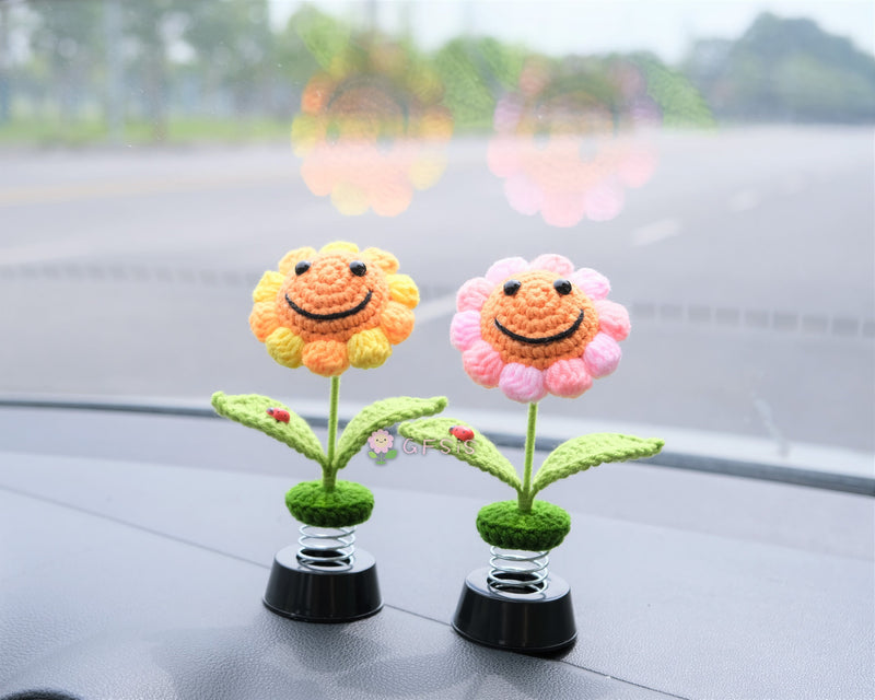 Crochet Sunflower Car Dashboard Decor, Smiley Sunflower Bobblehead Car Interior Accessories for Women, Boho Car Accessory, Car Air Freshener