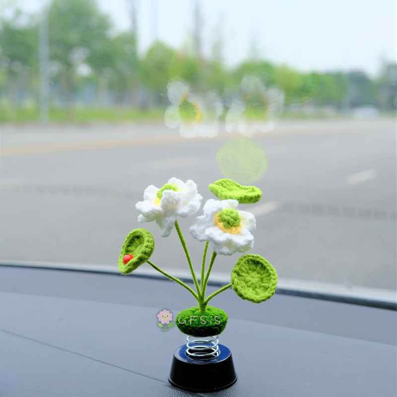 Crochet Lotus Car Bobblehead Accessory, Lotus Flower & Leaves Car Dashboard Decor, Boho Car Interior Accessory for Women, Car Air Freshener