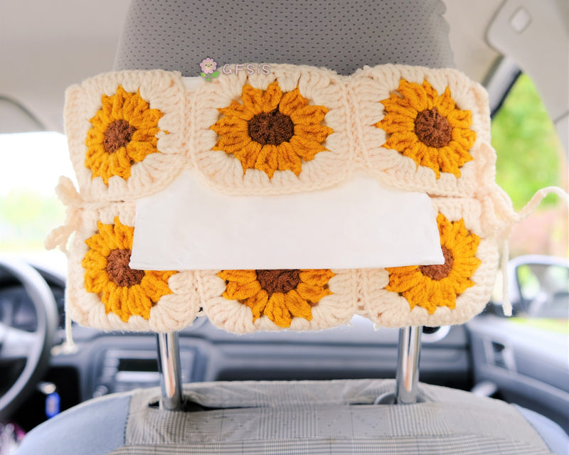 Crochet Sunflower Car Tissue Box, Cute Sunflower Car Tissue Box Holder, Flower Car Tissue Cover, Boho Interior Car Accessories for Women