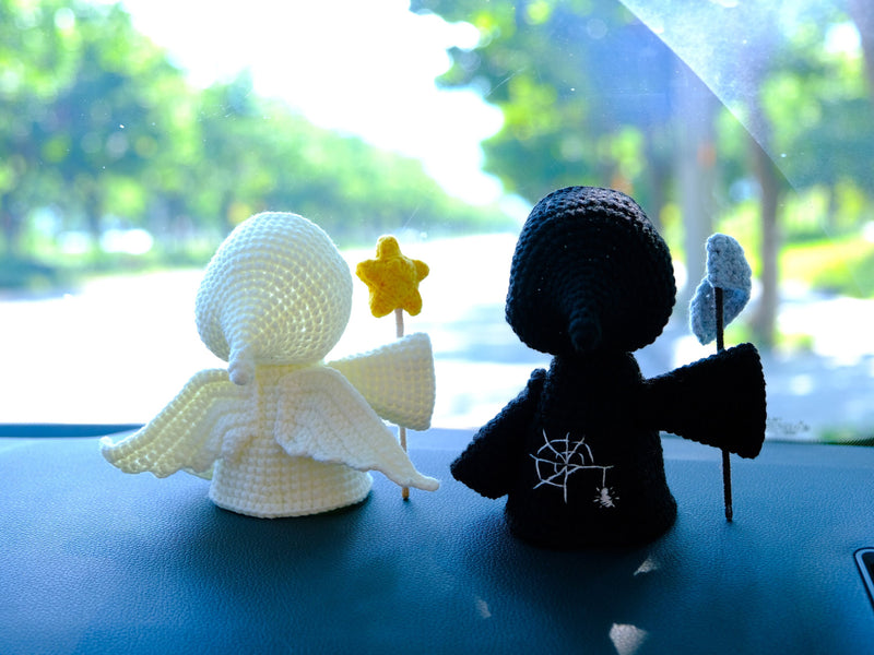 Crochet Ghost Doll Car Dashboard Decor, Cute Angel & Grim Reaper Car Dashboard Accessory, Spooky Interior Car Accessory, Halloween Gift