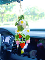 Crochet Strawberry & Daisy Car Mirror Hanging Accessories, Succulents Car Rear View Mirror Accessory, Boho Interior Car Accessory for Women