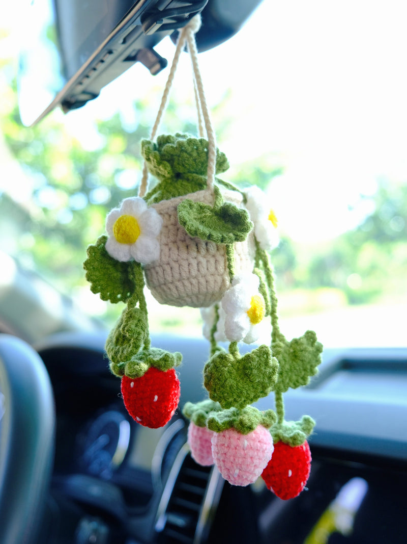 Crochet Strawberry & Daisy Car Mirror Hanging Accessories, Succulents Car Rear View Mirror Accessory, Boho Interior Car Accessory for Women