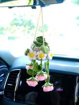 Crochet Rose & Daisy Car Mirror Hanging Accessories, Succulents Car Rear View Mirror Accessory, Boho Interior Car Accessory for Women