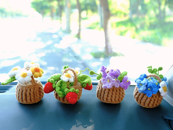 Crochet Strawberry/Daisy/Forget Me Not Car Accessory, Flower Basket Car Dashboard Decor, Boho Car Interior Accessory, Christmas Gift for Her