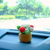 Crochet Strawberry Car Accessory, Strawberry/Daisy Potted Plant Car Dashboard Decor, Boho Car Interior Accessory for Women, Mothers Day Gift