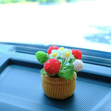 Crochet Strawberry Car Accessory, Strawberry/Daisy Potted Plant Car Dashboard Decor, Boho Car Interior Accessory for Women, Mothers Day Gift