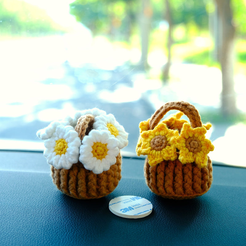 Crochet Sunflower/Daisy Flower Basket Car Dashboard Accessory, Car Plant Dashboard Decor, Cute Car Accessories Interior, Christmas Gift