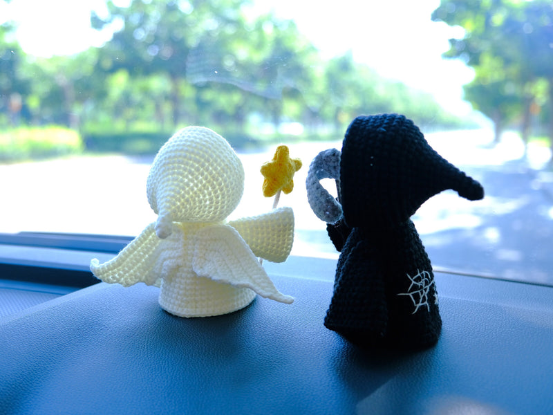 Crochet Ghost Doll Car Dashboard Decor, Cute Angel & Grim Reaper Car Dashboard Accessory, Spooky Interior Car Accessory, Halloween Gift