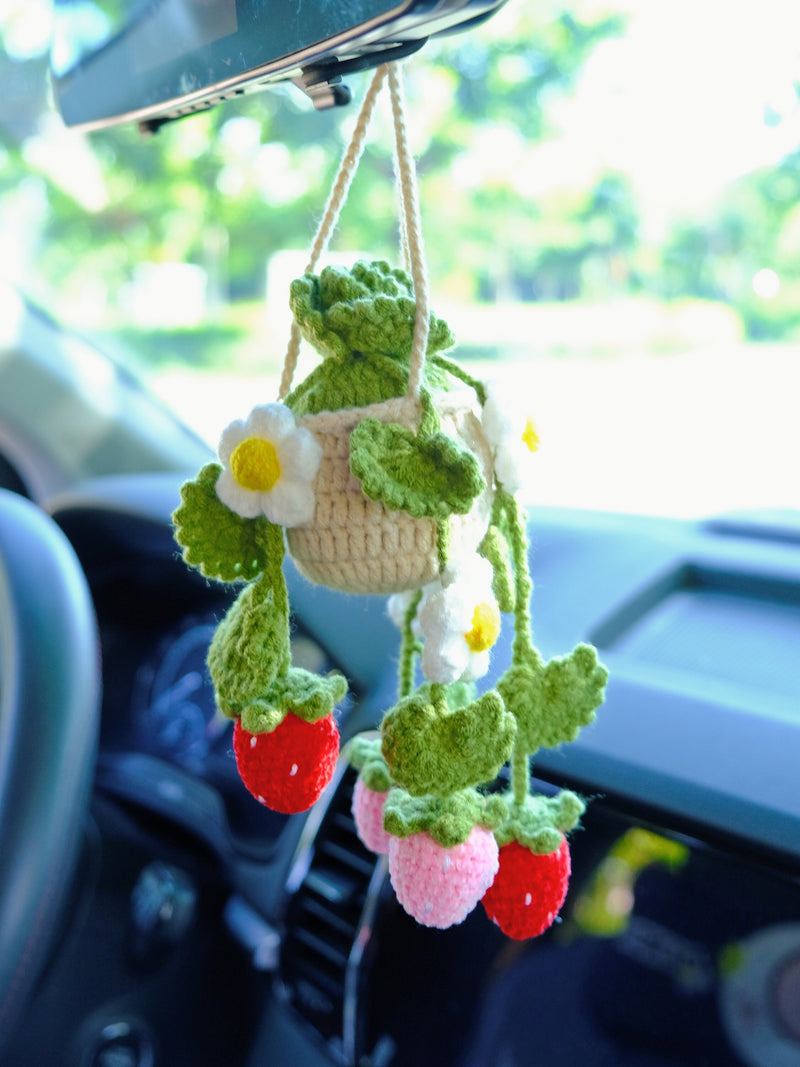 Crochet Strawberry & Daisy Car Mirror Hanging Accessories, Succulents Car Rear View Mirror Accessory, Boho Interior Car Accessory for Women