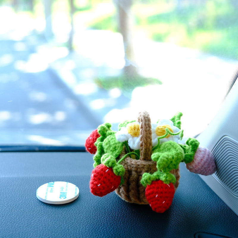 Crochet Strawberry/Daisy/Forget Me Not Car Accessory, Flower Basket Car Dashboard Decor, Boho Car Interior Accessory, Christmas Gift for Her