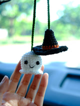 Crochet Ghost & Wizard Hat Car Hanging Accessories, Car Rear View Mirror Hanging Accessories, Goth Car Accessory, Unique Halloween Gift