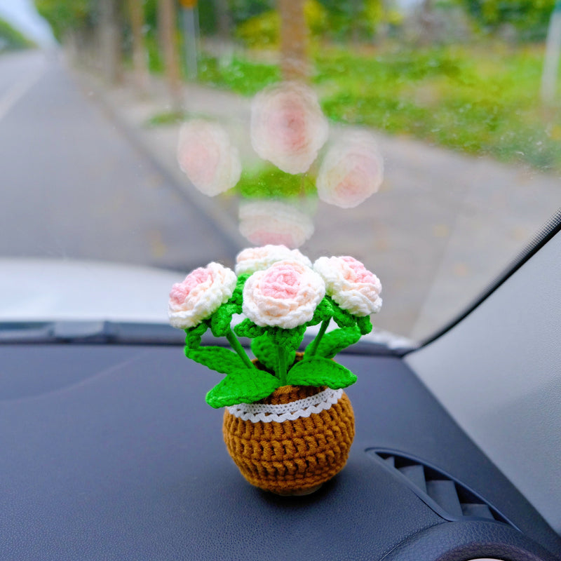 Crochet Tulip/Rose Car Accessory, Car Plant Car Dashboard Decor, Cute Car Interior Accessory for Women, Pink Car Accessories, Gift for Her