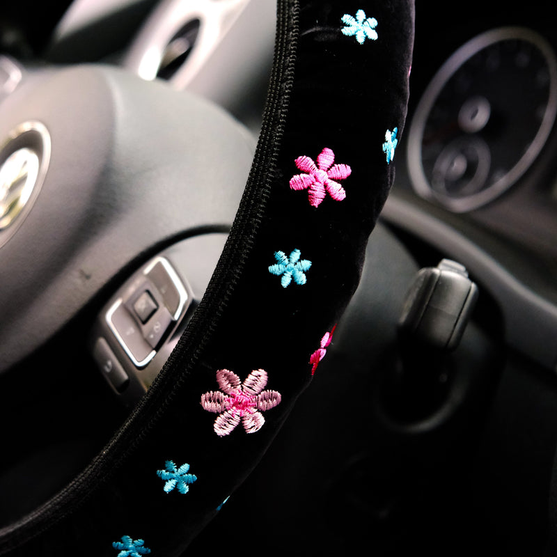 Pink Flower Embroidered Steering Wheel Cover, Elastic Steering Wheel Cover, Boho Steering Wheel Cover for Women, Cute Steering Wheel Cover