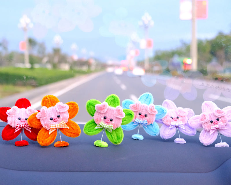 3pcs Chenille Piggy Flower Car Accessory, Cute Rainbow Flower Bobblehead Car Dashboard Decor, Cute Car Accessories Interior, Christmas Gift