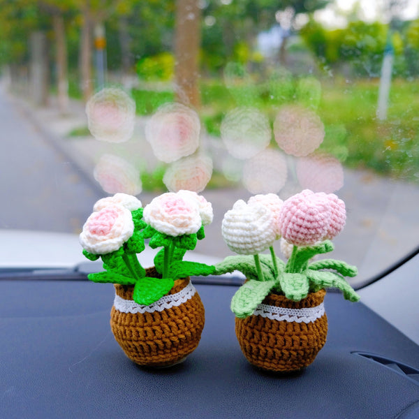 Crochet Tulip/Rose Car Accessory, Car Plant Car Dashboard Decor, Cute Car Interior Accessory for Women, Pink Car Accessories, Gift for Her