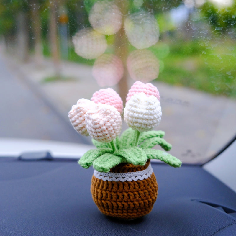 Crochet Tulip/Rose Car Accessory, Car Plant Car Dashboard Decor, Cute Car Interior Accessory for Women, Pink Car Accessories, Gift for Her