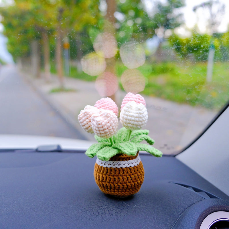 Crochet Tulip/Rose Car Accessory, Car Plant Car Dashboard Decor, Cute Car Interior Accessory for Women, Pink Car Accessories, Gift for Her