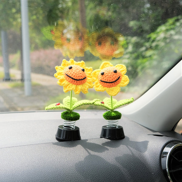 Crochet Smiley Sunflower Car Dashboard Decor, Bobblehead Sunflower Car Interior Accessories for Women, Boho Car Accessory, Car Air Freshener