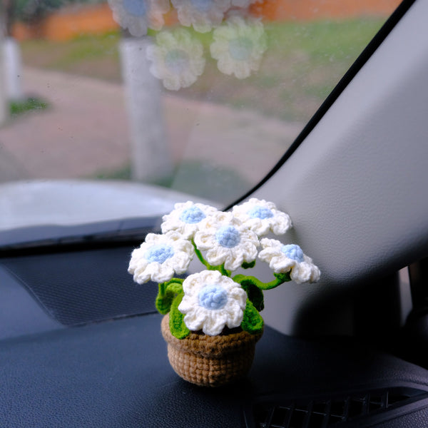 Crochet Daisy Car Accessory, White/Blue Daisy Potted Plant Car Dashboard Decor, Boho Car Interior Accessory for Women, Mothers Day Gift