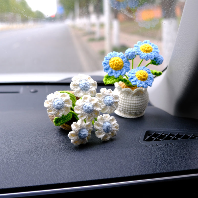 Crochet Daisy Car Accessory, White/Blue Daisy Potted Plant Car Dashboard Decor, Boho Car Interior Accessory for Women, Mothers Day Gift