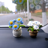 Crochet Daisy Car Accessory, White/Blue Daisy Potted Plant Car Dashboard Decor, Boho Car Interior Accessory for Women, Mothers Day Gift