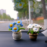 Crochet Daisy Car Accessory, White/Blue Daisy Potted Plant Car Dashboard Decor, Boho Car Interior Accessory for Women, Mothers Day Gift