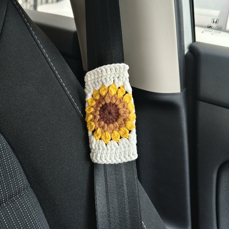 Crochet Sunflower Steering Wheel Cover, Adjustable Steering Wheel Cover, Cute Interior Car Accessory for Women, Boho Steering Wheel Cover