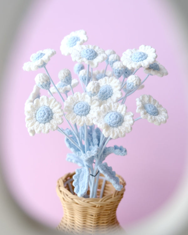 Crochet Daisy Bouquet, Baby Blue Daisy Bunch, Crochet Floral Arrangement, Knitted Everlasting Flower, Office Desk Decor, Thanksgiving Gift