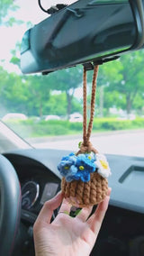 Crochet Forget Me Not Car Mirror Hanging Accessories, Mini Blue Flower Basket Car Rear View Mirror Accessory, Boho Interior Car Accessory