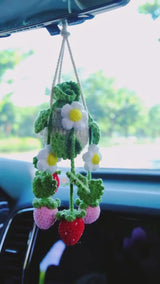 Crochet Strawberry & Daisy Car Mirror Hanging Accessories, Succulents Car Rear View Mirror Accessory, Boho Interior Car Accessory for Women