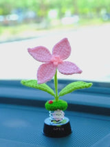 Crochet Hibiscus Flower Car Dashboard Decor, Bobblehead Car Plant Dashboard Decor, Cute Interior Car Accessory for Women, Car Air Freshener