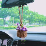 Crochet Forget Me Not Car Mirror Hanging Accessories, Mini Purple Flower Basket Car Rear View Mirror Accessory, Boho Interior Car Accessory