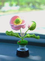 Crochet Common Poppy Car Dashboard Decor, Bobblehead Pink Car Accessory, Cute Interior Accessory for Women/Teens, Car Air Freshener