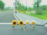 4Pcs/2Pcs Mini Sunflower & Daisy Car Accessories, Cute Crochet Bobble Head Flower Car Dashboard Decor, Boho Car Interior Accessory for Women