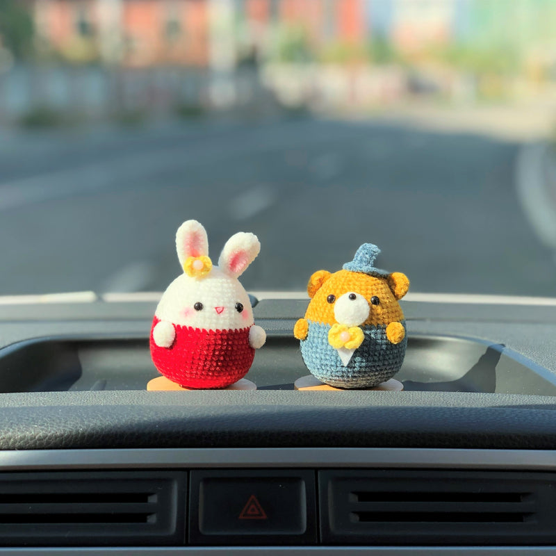 Crochet Mr. Bear & Ms. Bunny Car Dashboard Decor, Cute Car